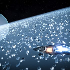 A cobra mkIII about to enter a vast planetary ring with an icy body planet as a backdrop