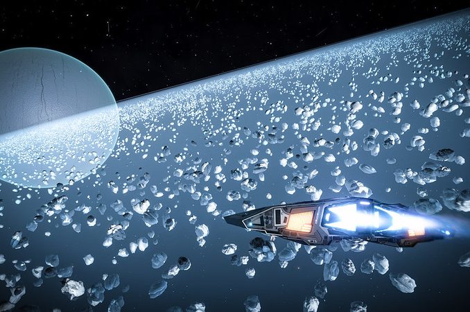 A cobra mkIII about to enter a vast planetary ring with an icy body planet as a backdrop